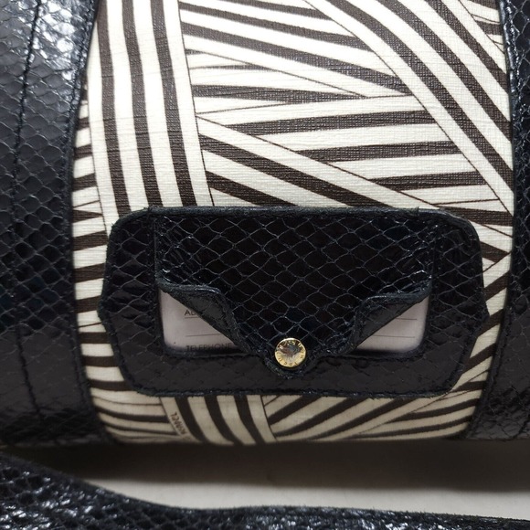 Henri Bendel Laptop Bag Disturbed Stripe Brown Black Canvas Leather Briefcase - Picture 14 of 16